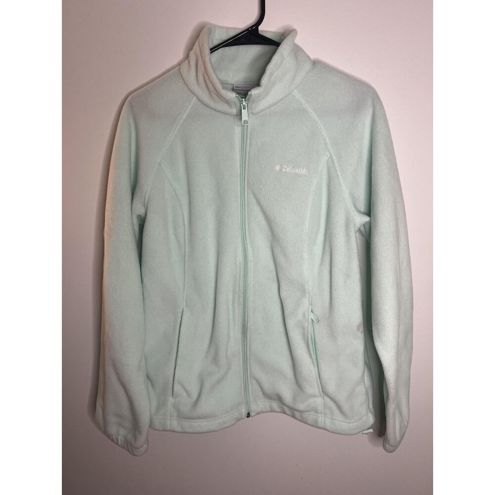 Columbia Jacket Wm LG Light Green Fleece Full Zip Hooded‎ Outdoor Coat Hiking